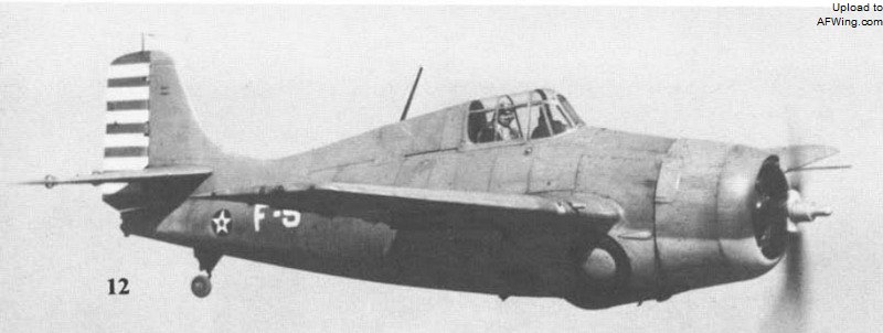 F4F-3A，在1941年中后期纯浅灰涂装就开始逐渐被上半部分蓝灰色，机体下方浅灰色的海面迷彩所代替了。为了凸显尾翼部分，其专门为尾翼部分涂上了红白条标识涂色。值得注意的是，红白标识并不存在规范涂装，因为经常会出现条数混乱的情况，因而红白条纹条数并不具有任何意义