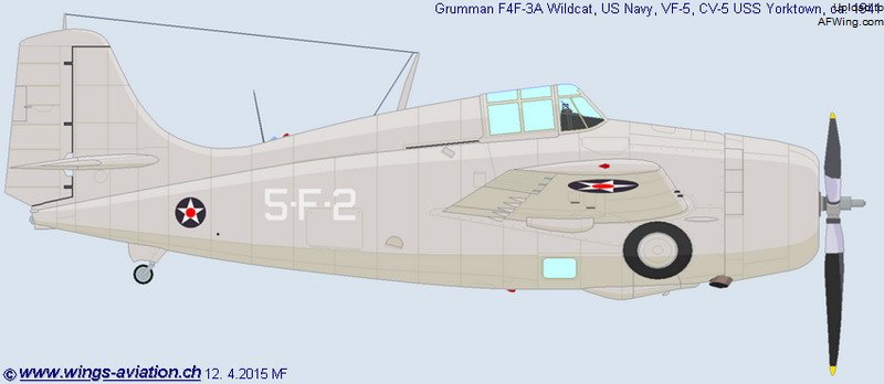 1941年中立巡航时期的&ldquo;约克城&rdquo;舰上所属F4F-3&ldquo;野猫&rdquo;（图中F4F-3A为错误标识）。当时几乎所有的F4F都采用了全浅灰色的涂色涂装以取消同母舰垂尾涂色，以及较小的国籍识别标识，避免当时轴心国谍报组织获知航母的动向