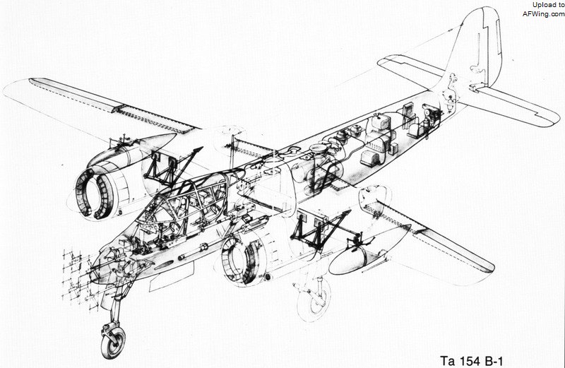 Ta 154B-1双座夜间战斗机，注意该机具有凸出的座舱盖