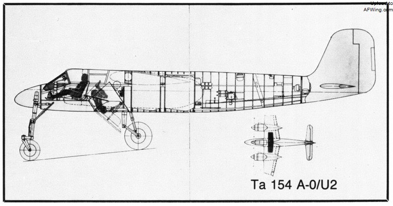 Ta 154A-0/U2编队驱逐机，飞行员从机腹滑出逃生