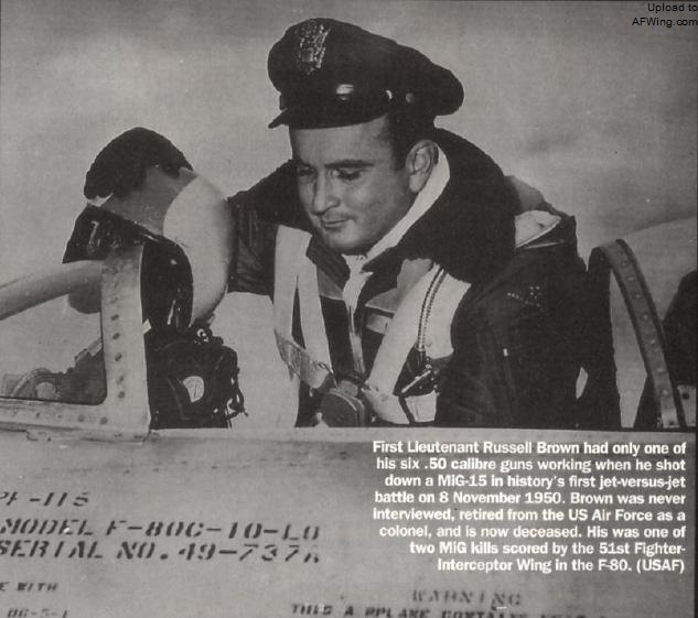 1950年11月7日罗素&middot;J&middot;布朗驾驶F-80C 49-0737在鸭绿江附近击落一架米格-15，这是喷气式战斗机之间的首次空战