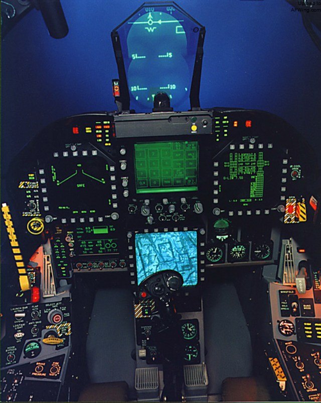F-18E的座舱，平显下方增加了液晶前上方控制显示器