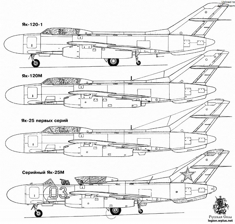 雅克-120原型机/雅克-120M原型机（换装加力涡喷发动机）/雅克-25/雅克-25M侧面图对比