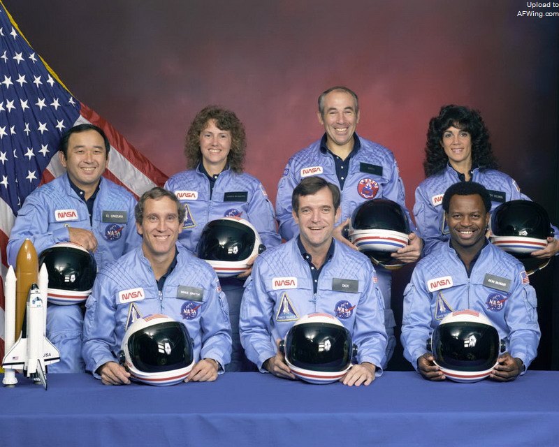 1986年，&ldquo;挑战者&rdquo;STS-51-L任务机组身穿蓝色NASA飞行工作服，手持大卫&middot;克拉克公司发射/再入头盔（LEH）