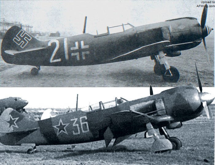 　　在东线，德国人一直想知道如何对付苏联的新式拉-5战斗机。1943年夏，一架全新的拉-5FN迫降在德军机场让德国空军获得了试飞苏联最新锐战斗机的天赐良机。德国试飞员汉斯-维尔纳&bull;莱尔赫对试飞进行了详细报告，他特别指出，拉-5FN是3000米以下的低空小霸王，不过航程过短，发动机以巡航功率输出的续航时间仅40分钟。拉-5发动机相关的所有控制（油门、燃料混合、螺旋桨螺距、散热器和发动机罩排气片、增压器变速）都是单独而分散的手柄与开关，飞行员在战斗中需要对发动机不断调整，严重分散飞行员的注意力并影响了飞机的性能表现，比如急加速就需要动到至少6处地方。莱尔赫还介绍了一些他飞该型号的经验：&ldquo;这架俘获的拉-5&mdash;&mdash;实际上是拉-5FN，安装一台M-82FNV燃油直喷双排星形发动机。该机改变了苏联战斗机落后的面貌，是我方战斗机在3000米高度以下遭遇的强劲对手。&rdquo;图中这架飞机机身侧面的21是苏联空军原始的战术编号