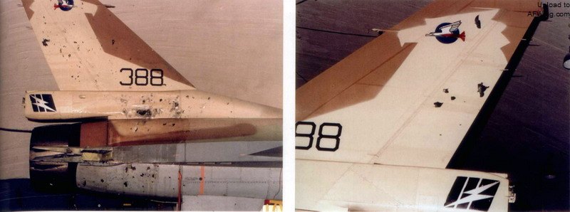 1989年11月23日被SA-16导弹击伤的F-16C闪电388，尽管飞机的右侧平尾被炸飞，但驾驶它的飞行员还是将飞机成功降落在拉马特.戴维基地