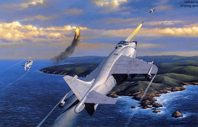 Stan Stokes所作&ldquo;Harried Argentineans&rdquo;，描绘了5月1日的空战，XZ452已经击落I-019，XZ453发射的AIM-9L正在扑向I-015