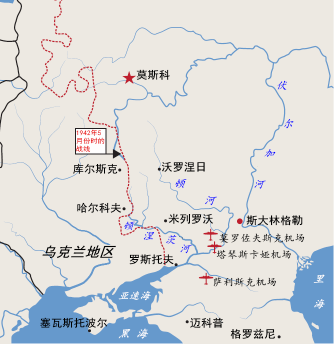 斯大林格勒战役爆发前的苏德战场态势图，其中红色虚线为1942年5月时的战线，红色飞机标志为斯大林格勒战役期间德军的主要机场